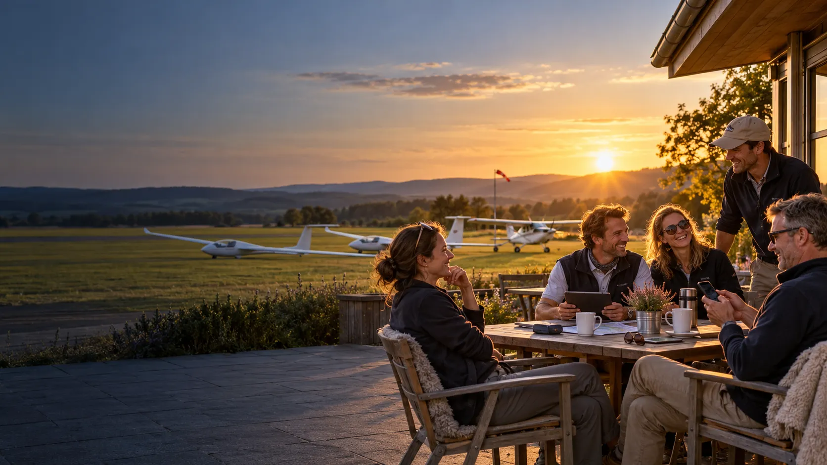 Piloten im Gespräch auf der Terrasse eines Segelflugvereins bei Sonnenuntergang, dahinter Segelflugzeuge und ein Leichtflugzeug auf dem Platz
