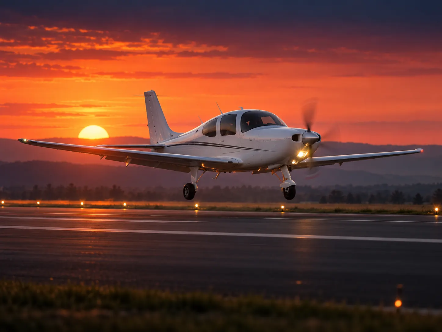 Ein Leichtflugzeug setzt bei Sonnenuntergang auf einer Piste auf