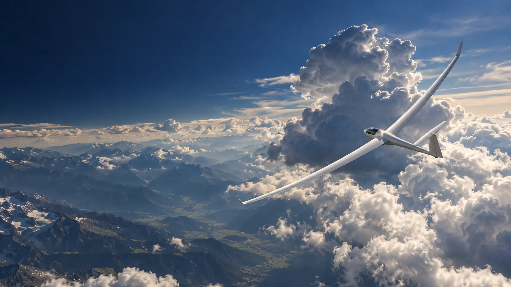 Ein weißes Hochleistungs-Segelflugzeug kreist in der Thermik über hoch aufgetürmten Cumuluswolken
