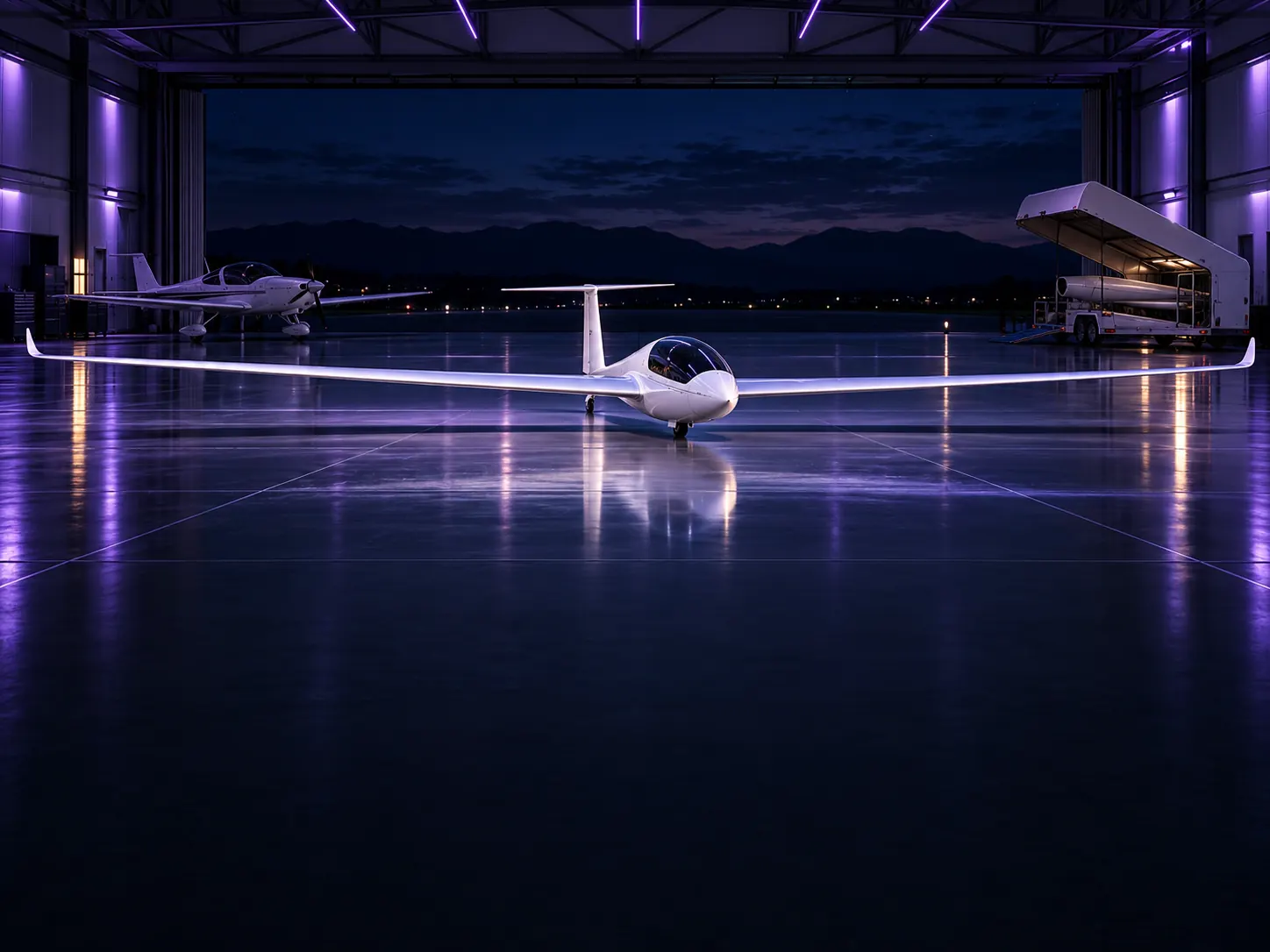 Ein weißes Segelflugzeug auf einem polierten Hallenboden unter violettem Licht