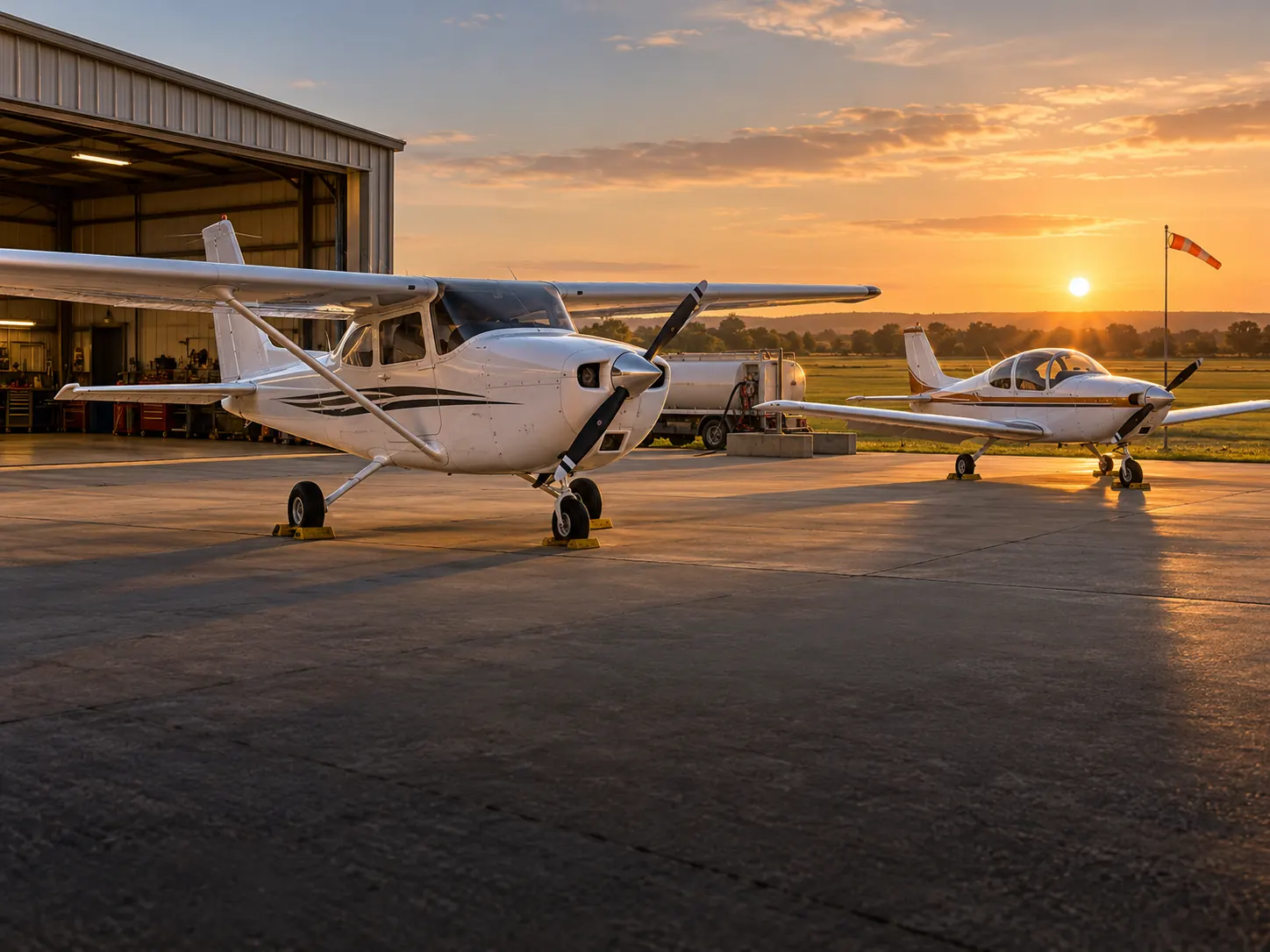 Zwei Leichtflugzeuge auf dem Vorfeld eines Fliegerclubs zur goldenen Stunde