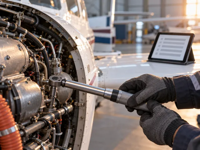Behandschuhte Hände eines Technikers mit Drehmomentschlüssel neben einer offenen Motorhaube