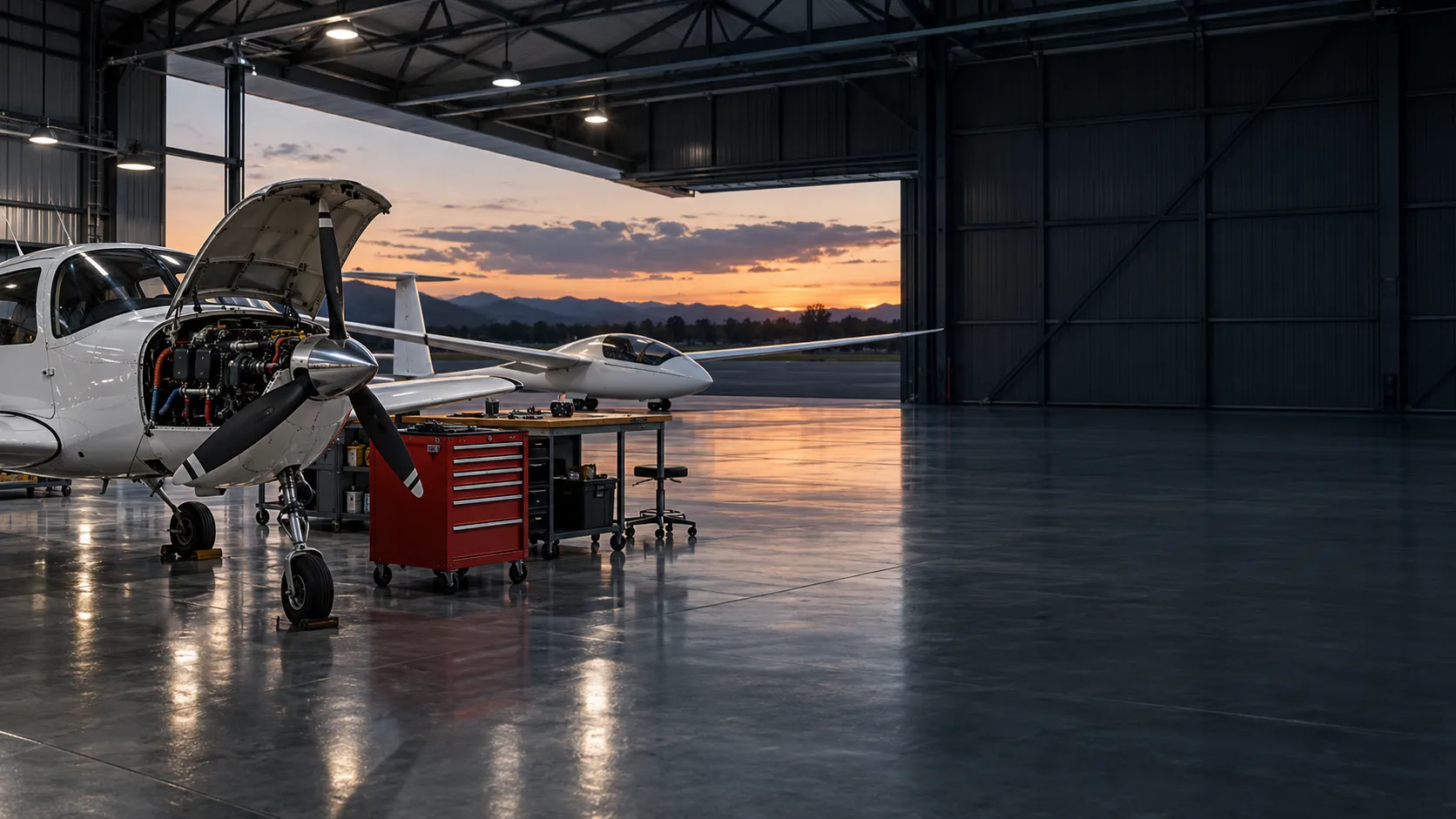 Ein Leichtflugzeug mit offener Motorhaube in einer Stahlhalle bei Sonnenuntergang, dahinter ein Segelflugzeugflügel
