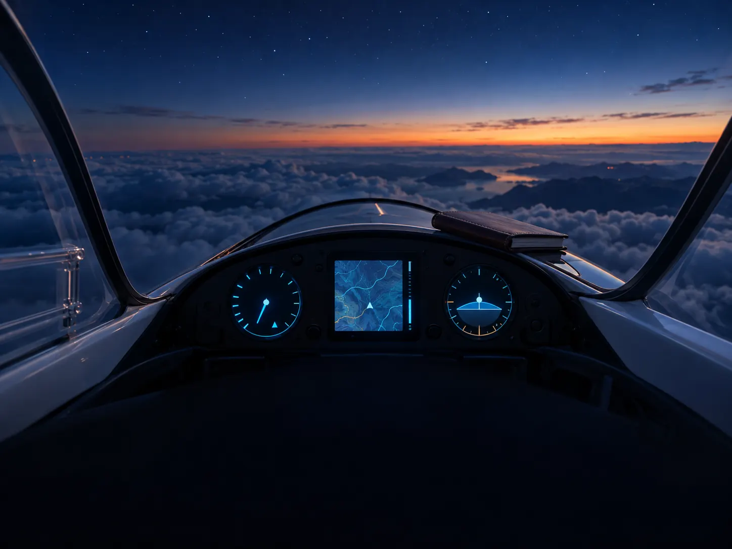 Segelflugzeug-Cockpit zur blauen Stunde mit leuchtenden Instrumenten über den Wolken